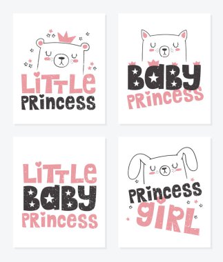 El çizimi posterler hayvan ve Prenses hakkında sloganı ile vektör koleksiyonu. Doodle illüstrasyon. Sevgililer, çocuklar afiş, duş bebek, Doğum günü, çocuk partisi, gömlek yazdırma