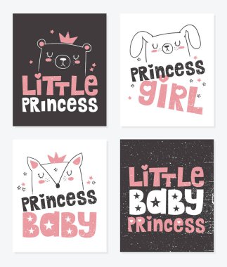 El çizimi posterler hayvan ve Prenses hakkında sloganı ile vektör koleksiyonu. Doodle illüstrasyon. Sevgililer, çocuklar afiş, duş bebek, Doğum günü, çocuk partisi, gömlek yazdırma