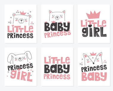 El çizimi posterler hayvan ve Prenses hakkında sloganı ile vektör koleksiyonu. Doodle illüstrasyon. Sevgililer, çocuklar afiş, duş bebek, Doğum günü, çocuk partisi, gömlek yazdırma