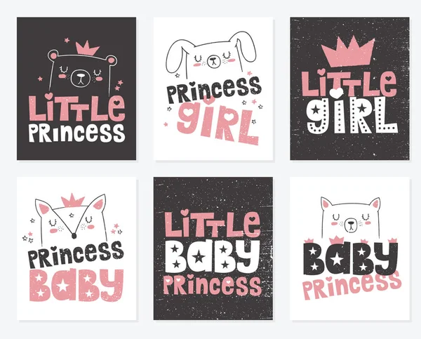 Collection Vectorielle Affiches Dessin Main Avec Animal Slogan Sur Princesse — Image vectorielle