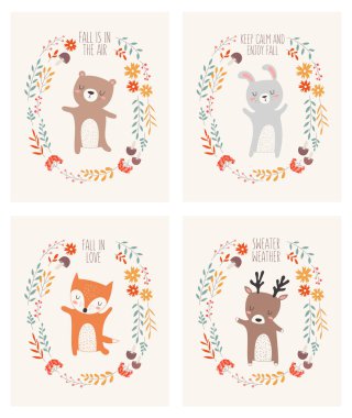 Vektör toplama posterleri ile hayvan bitki çelenk sonbahar sloganı ile çevrili. Şükran günü, yıldönümü, duş bebek, Doğum günü, çocuk partisi, sonbahar tatil
