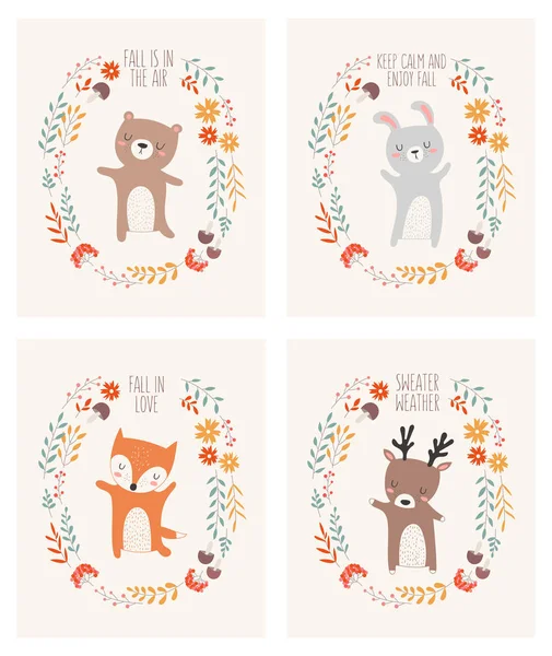 Векторная Коллекция Плакатов Животными Окружении Растительного Венка Осенним Лозунгом День — стоковый вектор