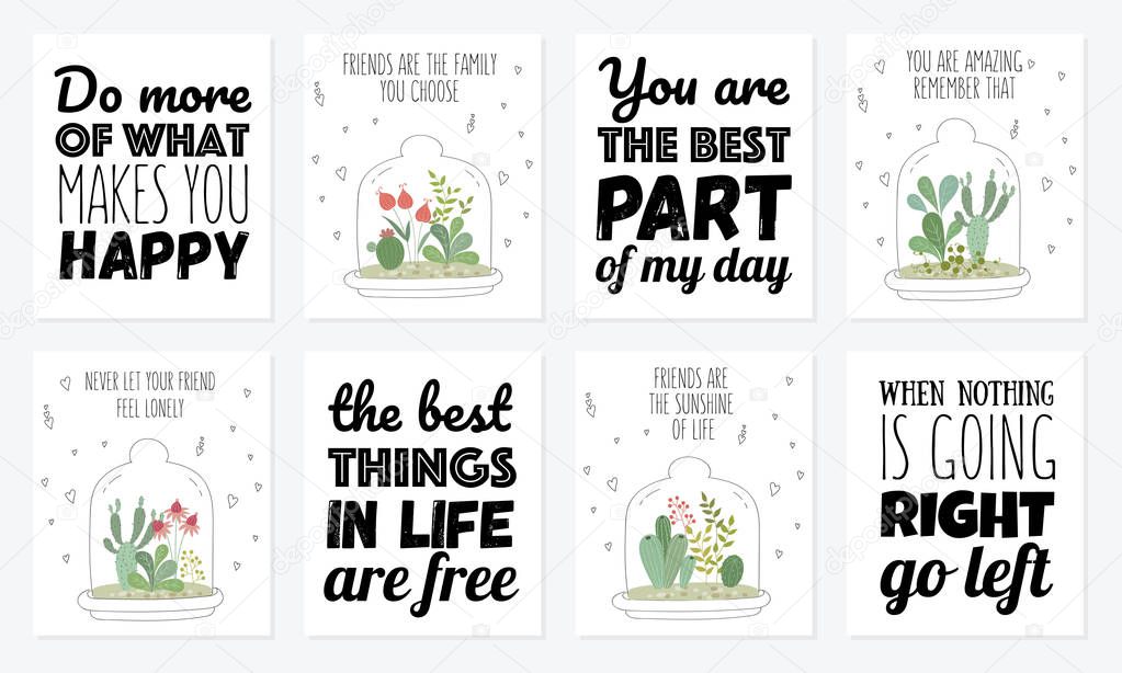 Vector postcard collection with cute house plants under glass. Gardening under the dome. Valentine's day, anniversary, save the date, baby shower, birthda