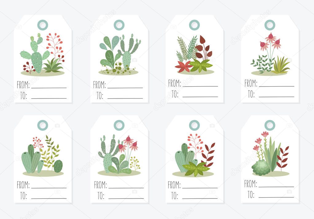 Vector tags, labels collection with cute house plants. Gardening. Valentine's day, anniversary, save the date, baby shower, birthda