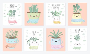 Vektör poster koleksiyonu ile şirin ev bitkisi eşarp ile çiçek tencerede. Sevgililer günü, yıldönümü, Sonbahar Festivali, Şükran, duş bebek, Doğum günü