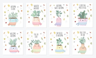 Vektör poster koleksiyonu ile şirin ev bitkisi eşarp ile çiçek tencerede. Sevgililer günü, yıldönümü, Sonbahar Festivali, Şükran, duş bebek, Doğum günü
