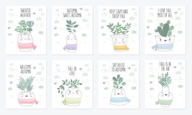 Vektör poster koleksiyonu ile şirin ev bitkisi eşarp ile çiçek tencerede. Sevgililer günü, yıldönümü, Sonbahar Festivali, Şükran, duş bebek, Doğum günü