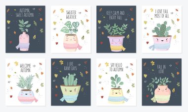 Vektör poster koleksiyonu ile şirin ev bitkisi eşarp ile çiçek tencerede. Sevgililer günü, yıldönümü, Sonbahar Festivali, Şükran, duş bebek, Doğum günü