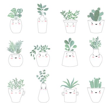 Sevimli ev bitki saksı içinde vektör koleksiyonu. Sevgililer günü, yıldönümü, Sonbahar Festivali, Şükran, bebek duş, birthda