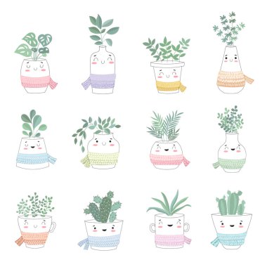 Sevimli ev bitki saksı eşarp ile vektör toplama. Sevgililer günü, yıldönümü, Sonbahar Festivali, Şükran, bebek duş, birthda