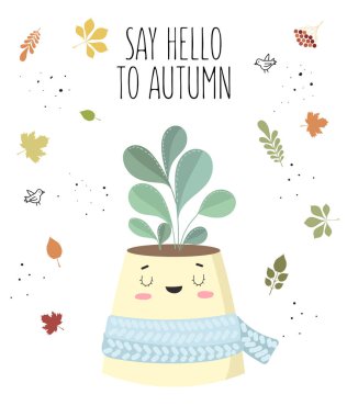 Eşarp ile çiçek tencerede şirin ev bitkisi ile vektör kartpostal. Sevgililer günü, yıldönümü, Sonbahar Festivali, Şükran, bebek duş, birthda