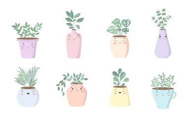 Sevimli ev bitki saksı içinde vektör koleksiyonu. Sevgililer günü, yıldönümü, Sonbahar Festivali, Şükran, bebek duş, birthda