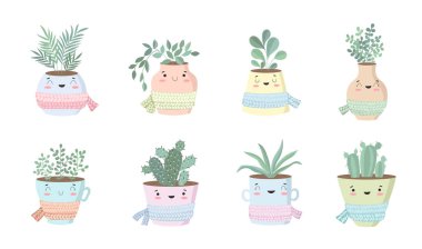 Sevimli ev bitki saksı eşarp ile vektör toplama. Sevgililer günü, yıldönümü, Sonbahar Festivali, Şükran, bebek duş, birthda