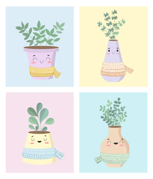 Colección Vectorial Lindas Plantas Casa Macetas Con Bufanda San Valentín — Vector de stock