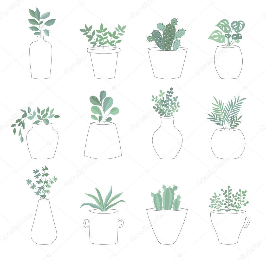 Vector collection of cute house plants in flower pots. Valentine's day, anniversary, autumn fest, Thanksgiving, baby shower, birthda