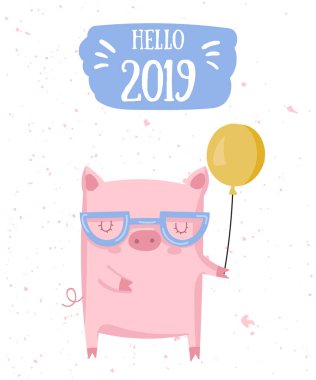 Sevimli domuz ile yaratıcı kartpostal 2019 yılbaşı için. Çince takvim yılında sembolü. Vektör illüstrasyon izole karikatür. Sarı domuz yılı