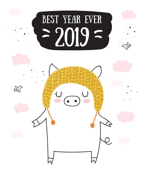 创意明信片新的2019年与可爱的猪 农历年的象征 矢量插画动画片隔离 黄猪年 — 图库矢量图片