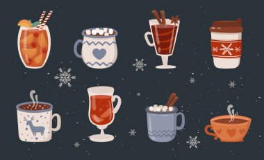 Sıcak içecekler vektör koleksiyonu. Sıcak çikolata, kahve, kakao ile krem şanti ve hatmi, mulled şarap. Sonbahar ve kış tatil