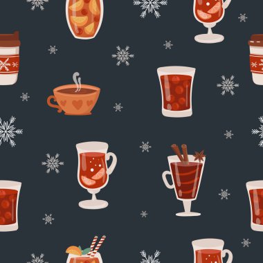 Vektör düz tasarım sıcak içecekler ile seamless modeli. Sıcak çikolata, kahve, kakao, mulled şarap, kar taneleri. Sonbahar ve kış tatil
