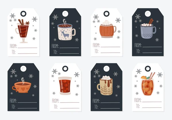 Colección Etiquetas Vectoriales Con Bebidas Calientes Acogedor Eslogan Diseño Plano — Vector de stock