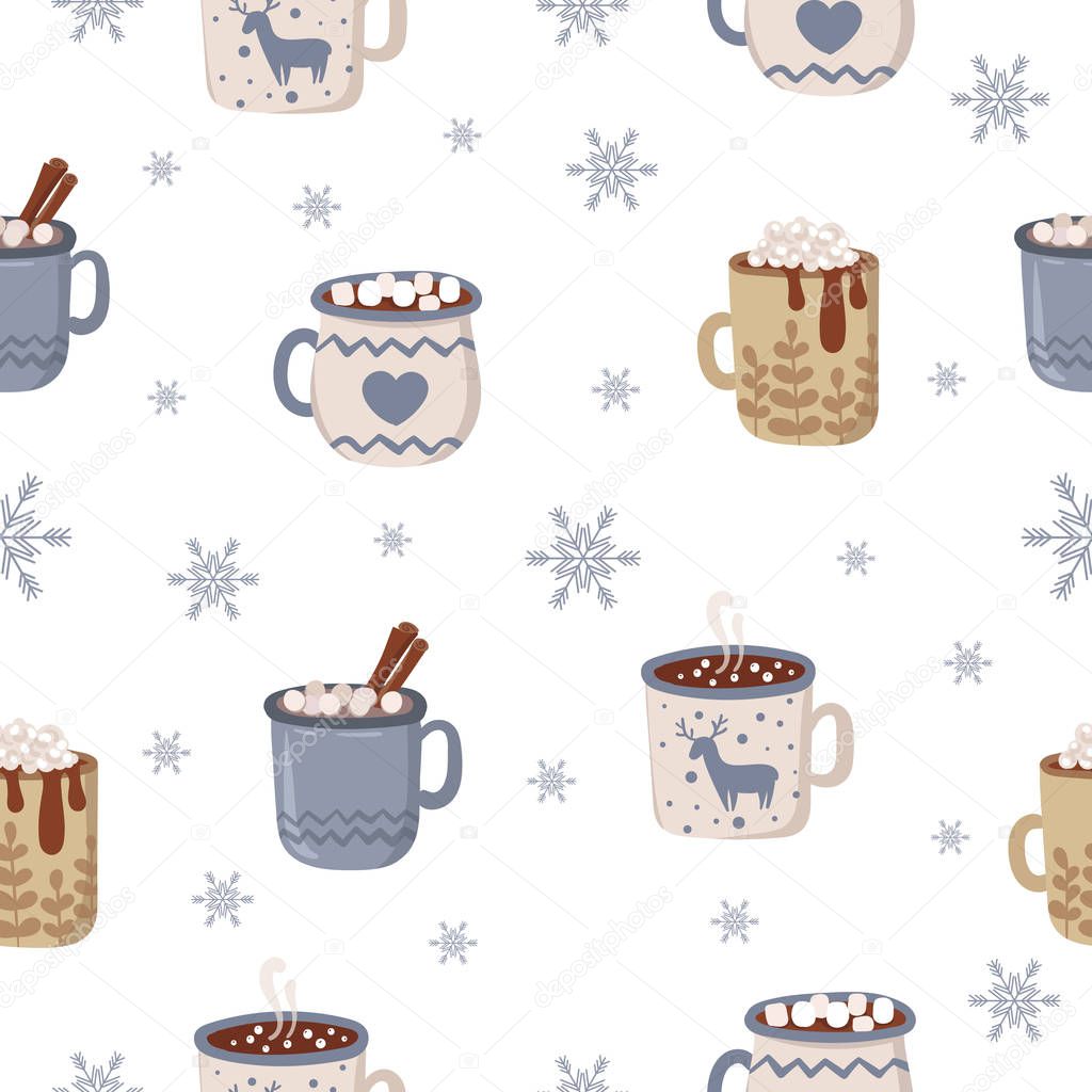 Vector seamless pattern with hot drinks in flat design. Hot chocolate, coffee, cocoa with whipped cream and marshmallow. Autumn and winter holidays.