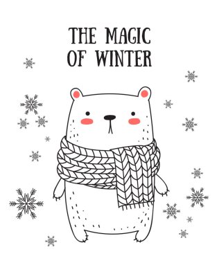 Sevimli kış ayı içinde düz çizmek ile vektör kartpostal. Doodle illüstrasyon. Kış tatili, bebek duş, Doğum günü, çocuk bölümü