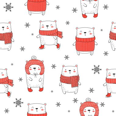 Sevimli kış ile vektör seamless modeli düz tasarımında taşımaktadır. Doodle illüstrasyon. Kış tatili, bebek duş, Doğum günü, çocuk bölümü