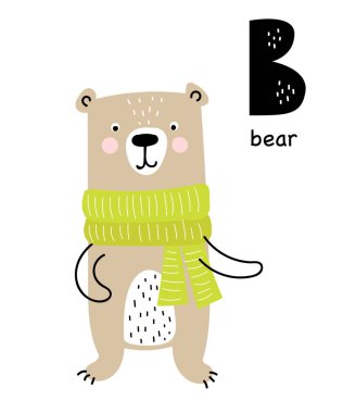 Vektör poster İskandinav tarzı içinde çocuklar için çizgi film ayı ile harf ile. Elle çizilmiş grafik Hayvanat Bahçesi yazı tipi. Kartı, etiket, broşür, el ilanı, sayfa, banner tasarımı için mükemmel. ABC.