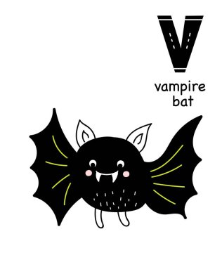 Vektör poster İskandinav tarzı içinde çocuklar için çizgi film vampir yarasa ile harf ile. Elle çizilmiş grafik Hayvanat Bahçesi yazı tipi. Kartı, etiket, broşür, el ilanı, sayfa, banner tasarımı için mükemmel. ABC.