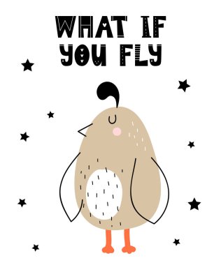 Çizgi film sevimli bıldırcın çocuklar ve İskandinav tarzı komik sloganı ile vektör poster. Elle çizilmiş grafik Hayvanat Bahçesi. Bebek duş, kartpostal, etiket, broşür, el ilanı, sayfa, banner tasarımı için mükemmel.