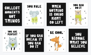 Çocuklar için vektör poster koleksiyonu çizgi film sevimli hayvan ve komik sloganı İskandinav tarzı ile. Elle çizilmiş grafik Hayvanat Bahçesi. Bebek duş, kartpostal, etiket, broşür, el ilanı, sayfa, banner tasarımı için mükemmel.