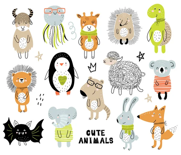 Vector Poster Cartoon Cute Animals Kids Scandinavian Style Hand Drawn — Stock Vector