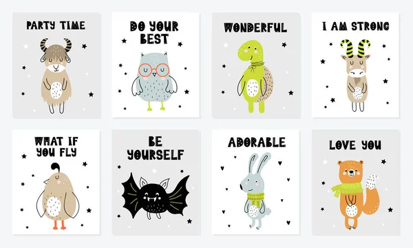 Collection Affiches Vectorielles Avec Dessin Animé Animal Mignon Slogan Drôle — Image vectorielle