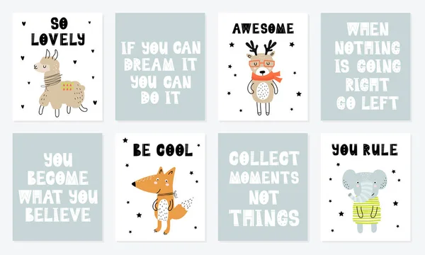 Collezione Poster Vettoriale Con Cartone Animato Simpatico Animale Divertente Slogan — Vettoriale Stock