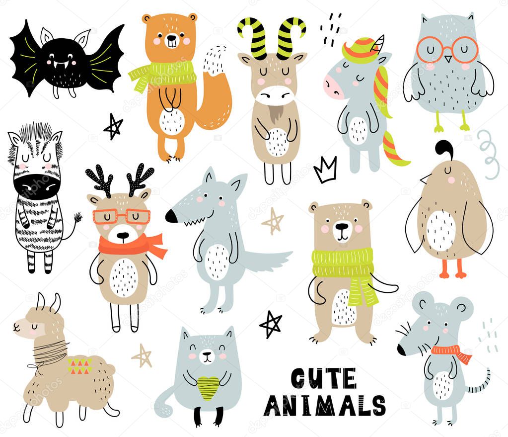 Vector poster with cartoon cute animals for kids in scandinavian style. Hand drawn graphic zoo. Perfect for baby shower,  postcard, label, brochure, flyer, page, banner design.