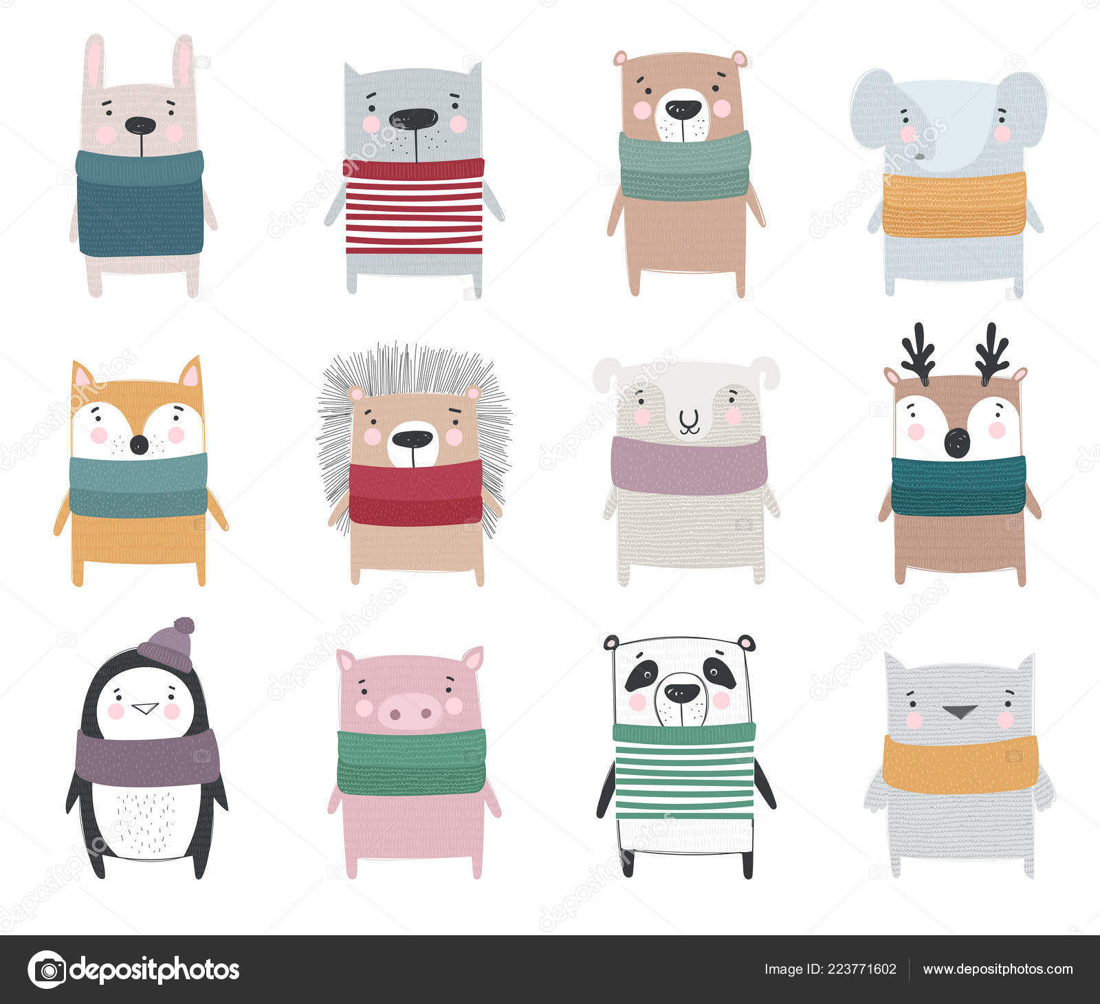 Vector Collection Line Drawing Cute Winter Animals Cozy Clothes Doodle Stock Vector Image By C Tiny Selena 223771602
