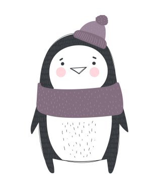 Vektör poster sevimli kış penguen rahat giysiler ile. Doodle illüstrasyon. Kış tatili, bebek duş, Doğum günü, çocuk bölümü