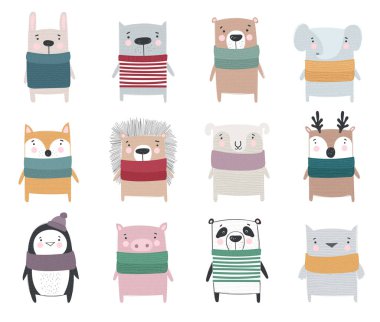 Vektör çizim için sevimli kış hayvanlar rahat giysiler topluluğu. Doodle illüstrasyon. Kış tatili, bebek duş, Doğum günü, çocuk bölümü