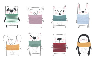 Vektör çizim için sevimli kış hayvanlar rahat giysiler topluluğu. Doodle illüstrasyon. Kış tatili, bebek duş, Doğum günü, çocuk bölümü