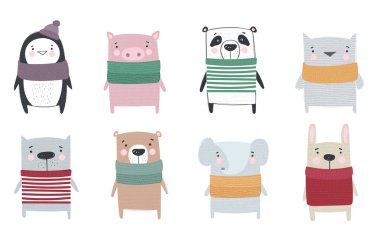 Vektör çizim için sevimli kış hayvanlar rahat giysiler topluluğu. Doodle illüstrasyon. Kış tatili, bebek duş, Doğum günü, çocuk bölümü