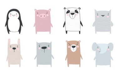 Sevimli hayvanlar vektör koleksiyonu. Doodle illüstrasyon. Kış tatili, bebek duş, Doğum günü, çocuk bölümü