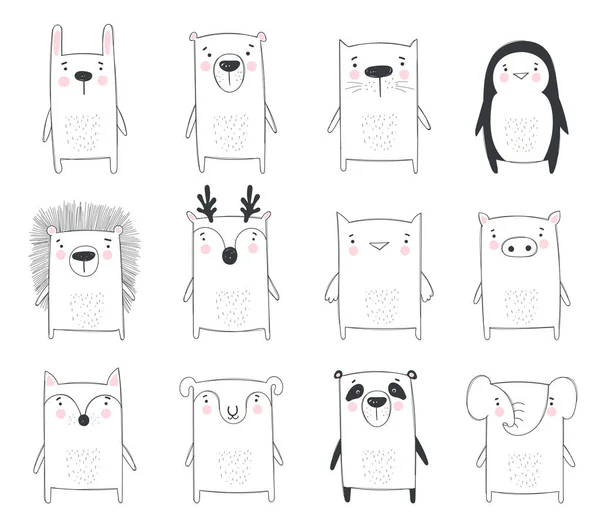 Vektorové Kolekce Kreslení Čar Roztomilých Zvířat Doodle Ilustrace Zimní Dovolená — Stockový vektor
