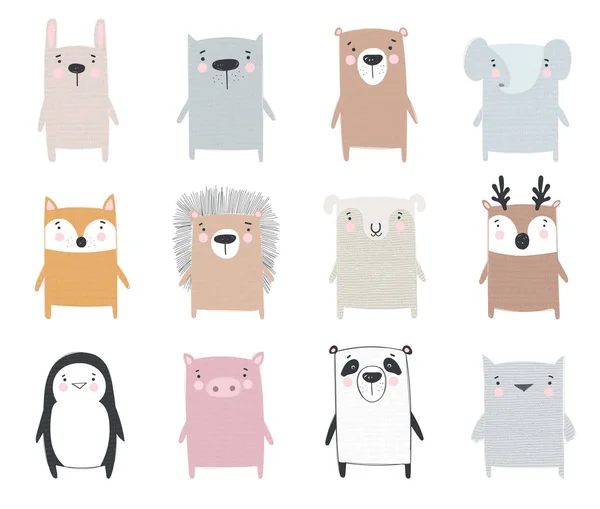 Vektorové Kolekce Roztomilých Zvířat Doodle Ilustrace Zimní Dovolená Baby Sprcha — Stockový vektor