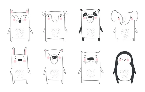 Collezione Vettoriale Linea Che Disegna Simpatici Animali Illustrazione Doodle Vacanze — Vettoriale Stock