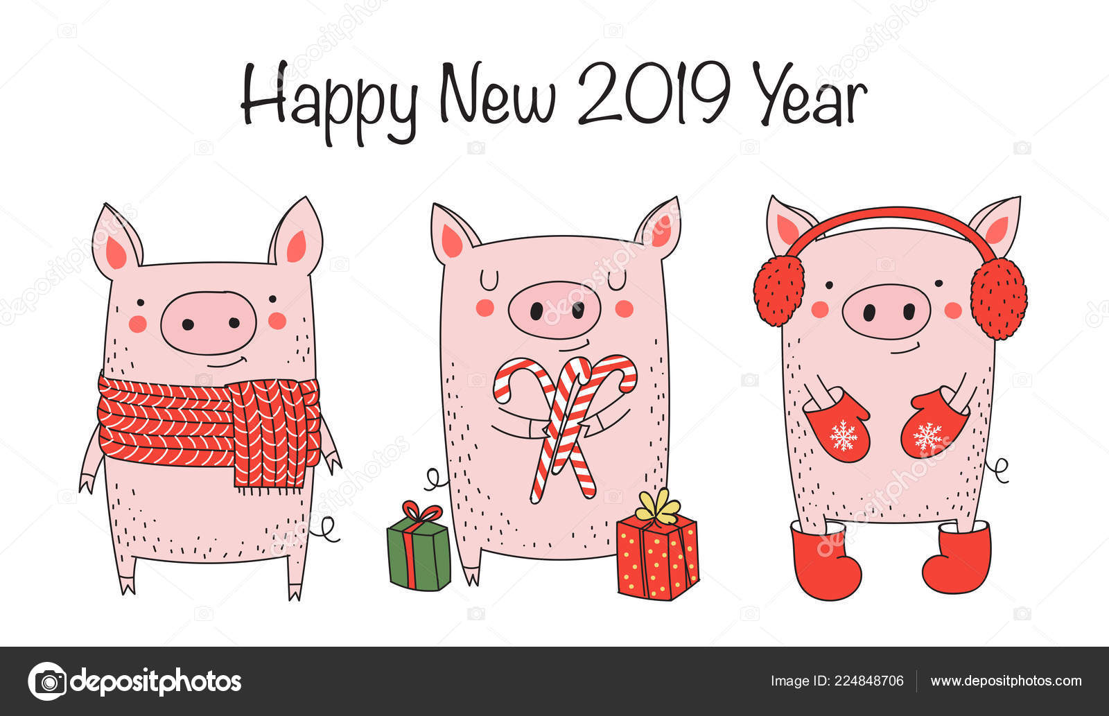 休日のバナーです かわいい豚と冬スローガン新しい 19 年のポスター 中国のカレンダーの年のシンボルです ベクトル漫画の隔離された図 黄色の豚の年 ストックベクター C Tiny Selena