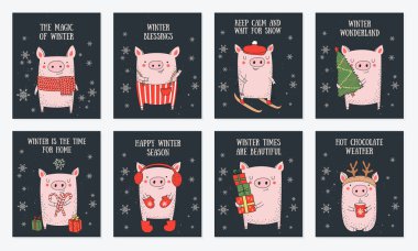 Postcard collection. New 2019 Year posters with cute pig and winter slogan. Symbol of the year in the Chinese calendar. Vector cartoon isolated illustration. Year of yellow pig. clipart