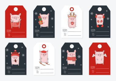 Tags collection. New 2019 Year posters with cute pig and winter slogan. Symbol of the year in the Chinese calendar. Vector cartoon isolated illustration. Year of yellow pig. clipart