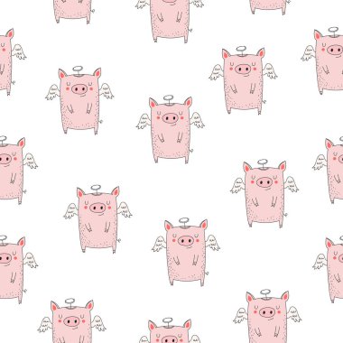 Seamless pattern. New 2019 Year cute angel pig. Symbol of the year in the Chinese calendar. Vector cartoon isolated illustration. Year of yellow pig. clipart