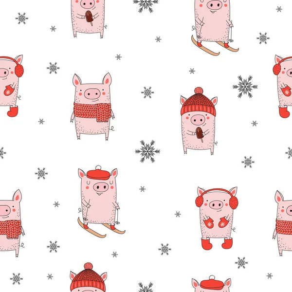无缝模式 新的2019年可爱的猪 在中国日历中的年份符号 向量动画片查出的例证 黄猪年 — 图库矢量图片