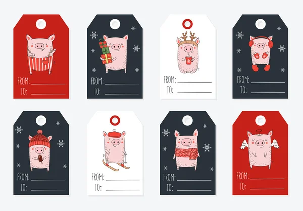 Коллекция Тегов Новогодние Плакаты 2019 Года Симпатичной Свиньёй Зимним Слоганом — стоковый вектор